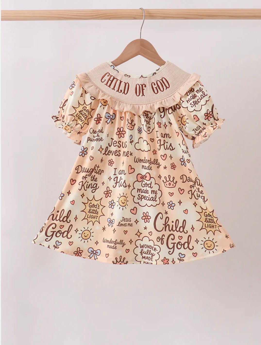 “Child of God” Smocked Ruffle Dress PREORDER (will be here next week)