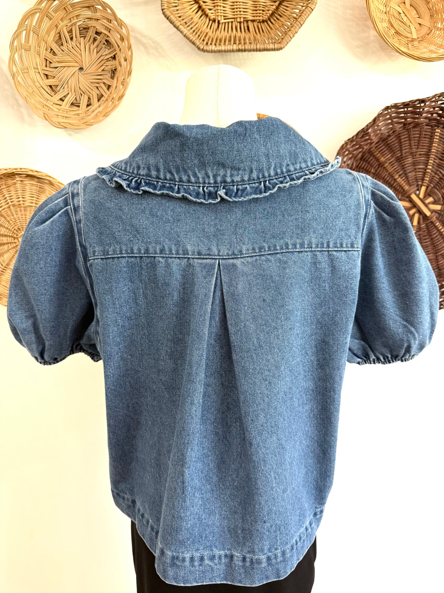 The Claire Cropped Peter Pan Collar Zip Up Top in Denim