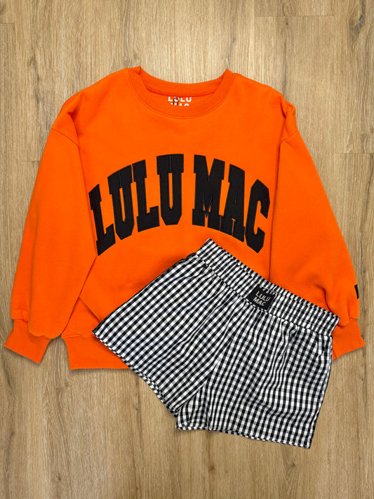 LULU MAC L-XL Set w/ Orange  Sweatshirt & Black Gingham Shorts