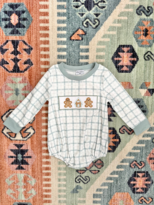 Boy’s Embroidered Gingerbread Bubble in Blue Plaid