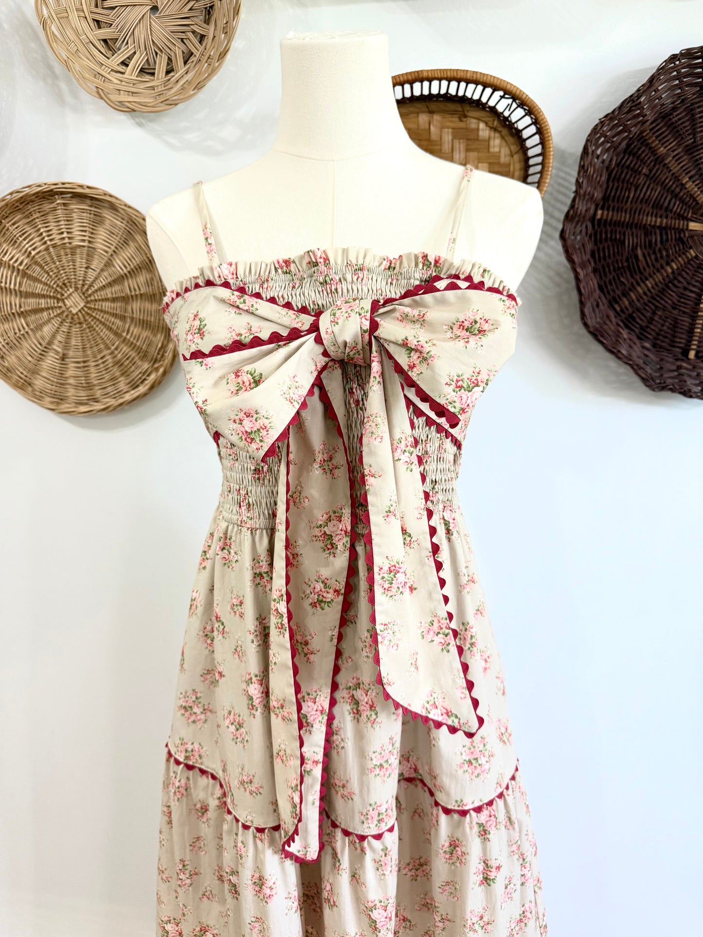The Abeline Bow Detail Floral Dress in Beige