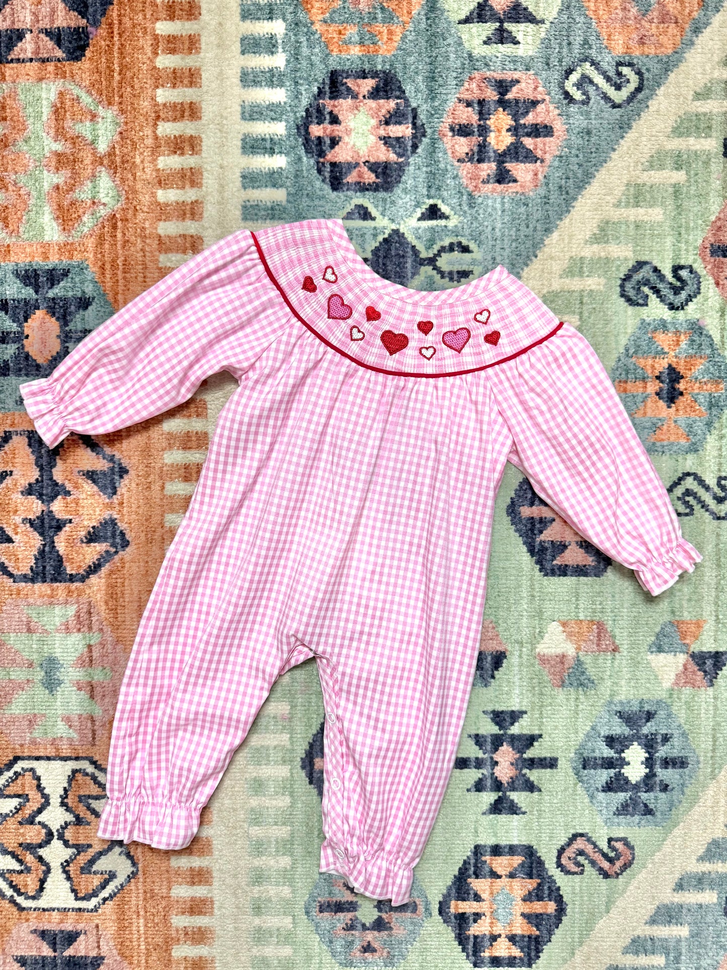 The Valentine Smocked Heart Romper in Pink Gingham