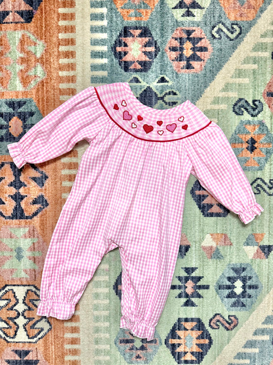 The Valentine Smocked Heart Romper in Pink Gingham