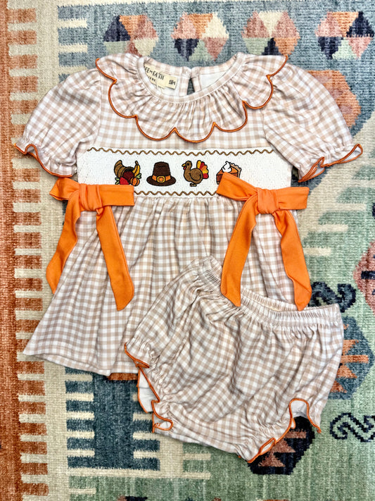 Smocked Thanksgiving Gingham Bloomer Set