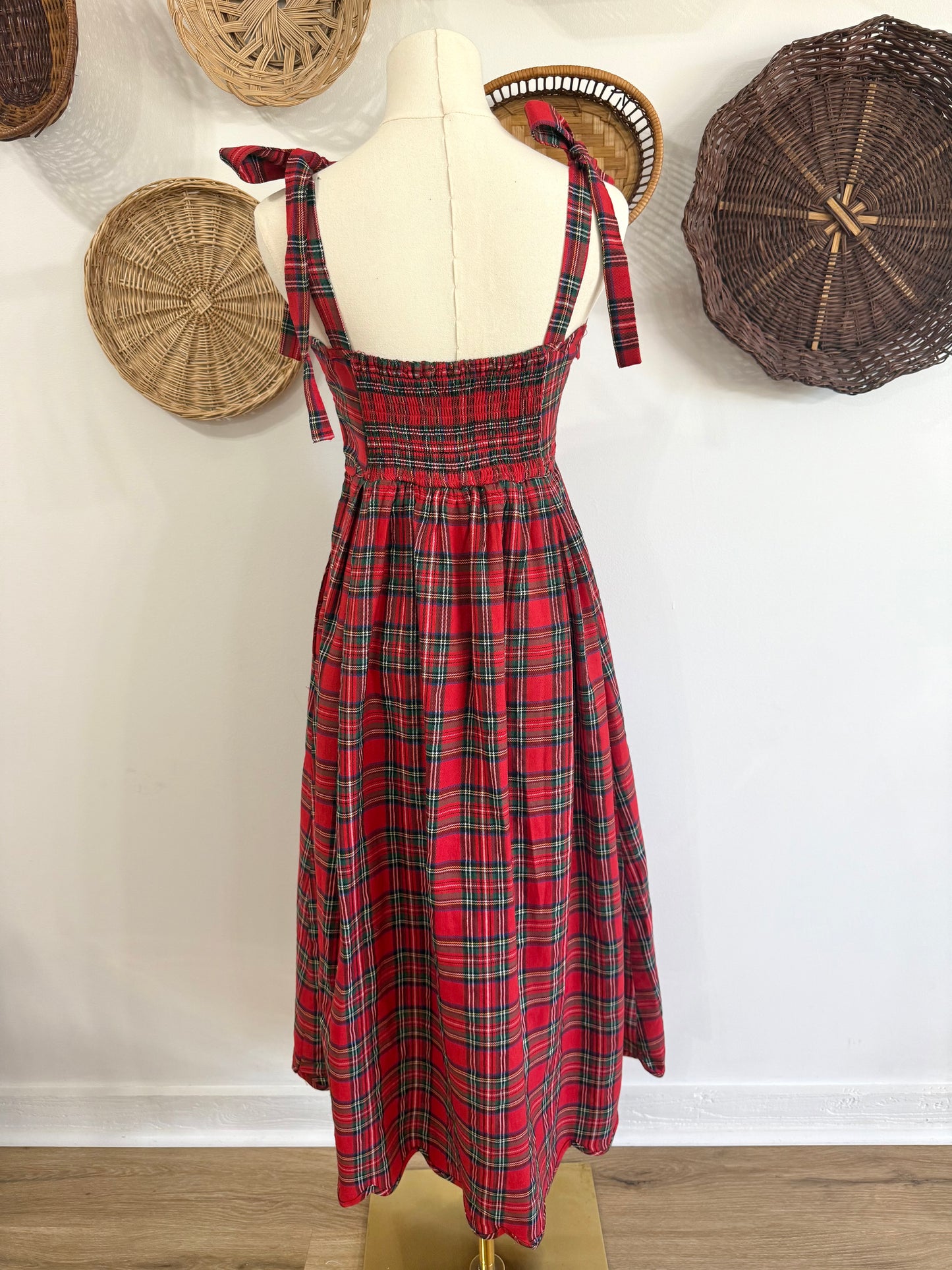 The Claus Scalloped Detail Midi Dress in Red Plaid