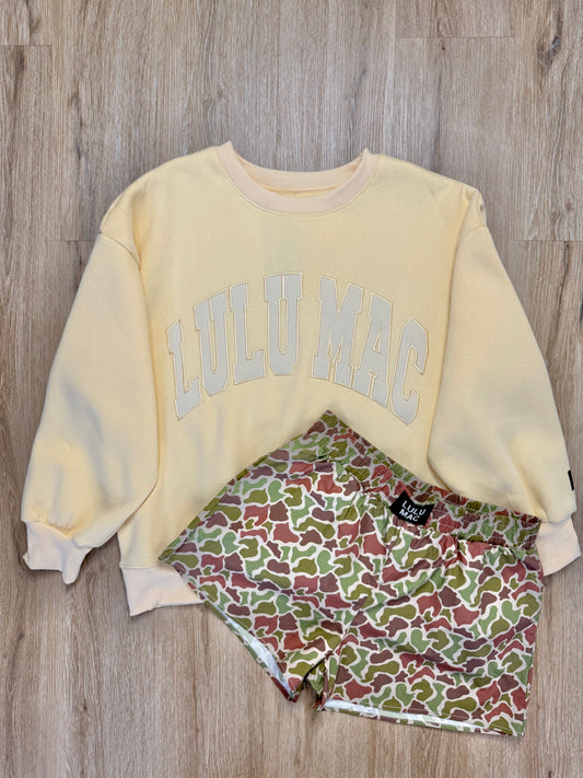 LULU MAC XS Set w/ Butter Sweatshirt & Dark Camo Shorts