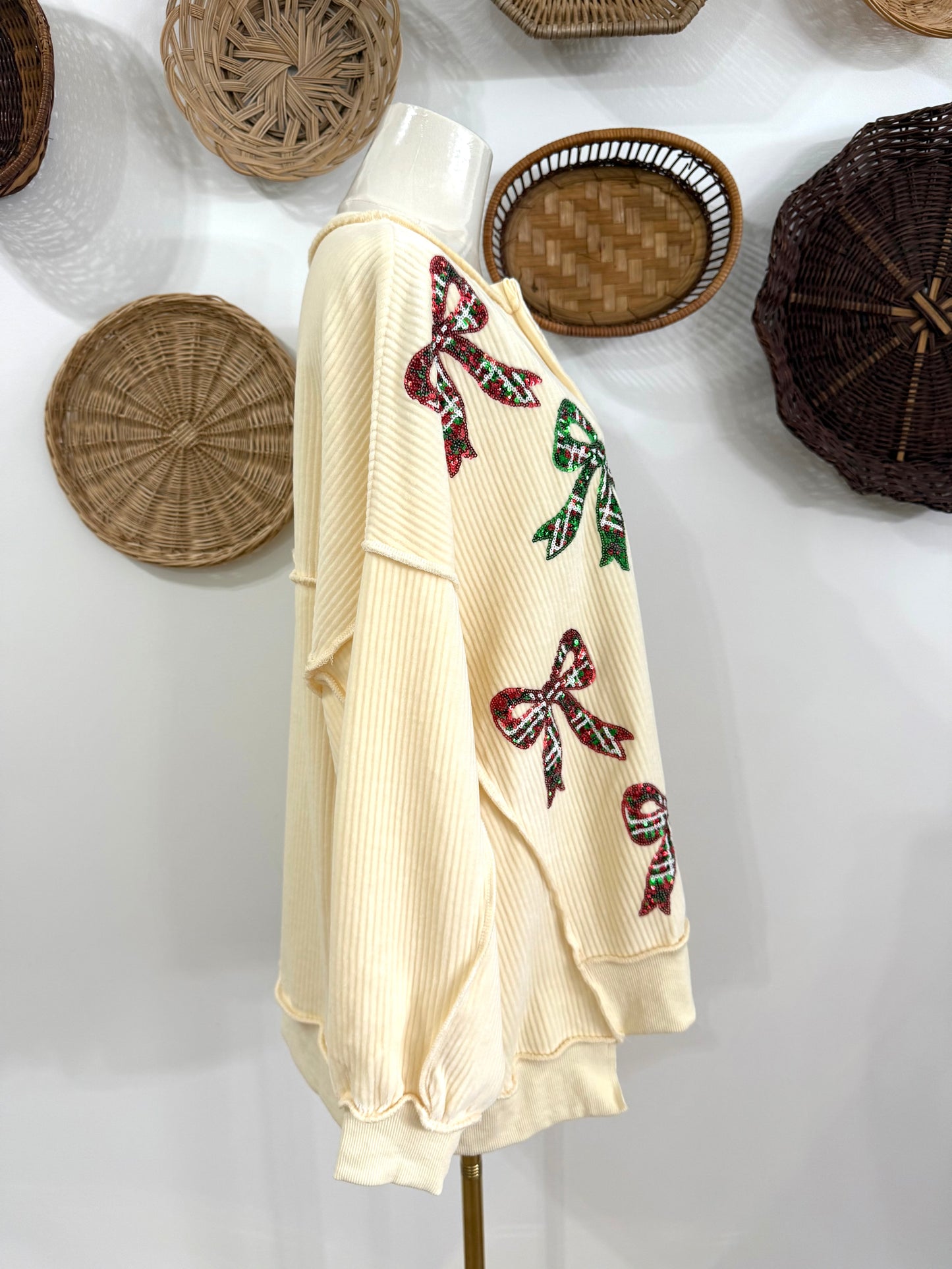 The Joy Sequin Plaid Bow Top in Cream