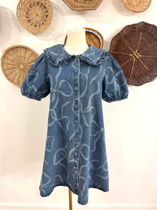 The Brody Bow Print Bib Collar Dress in Denim