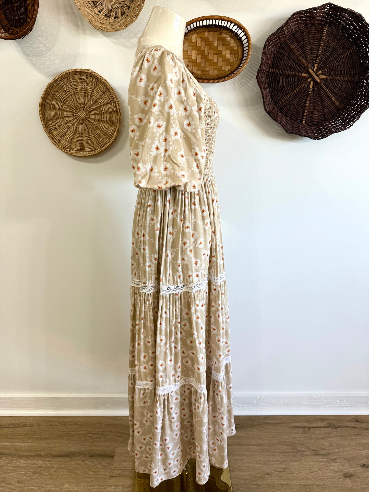 The Ayla Puff Sleeve Floral Maxi Dress in Tan