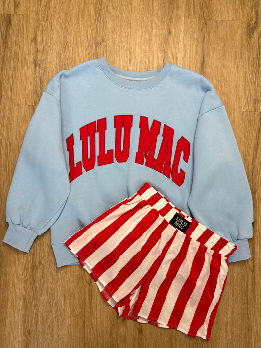 LULU MAC M-L Set w/ Blue  Sweatshirt & Red Striped Shorts