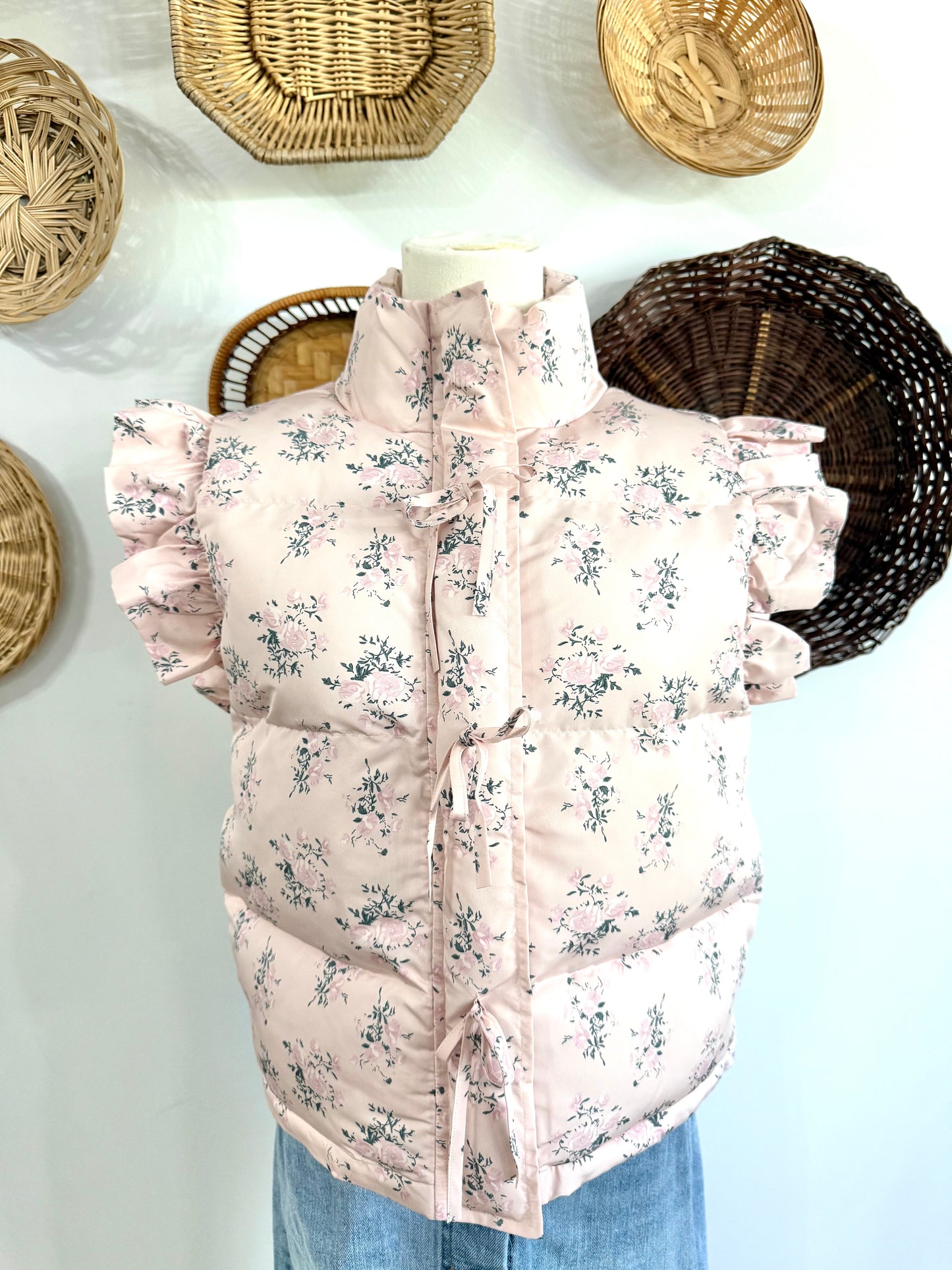 The Ottilie Floral & Bow Detail Puffer Vest in Pink
