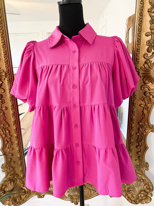 The Emery Tiered Collared Top in Magenta