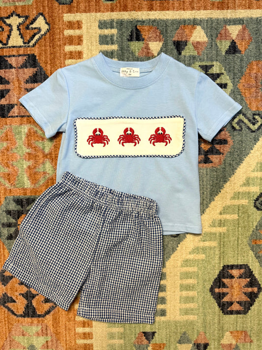Boy’s Blue Gingham Seersucker Set w/ Embroidered Crabs
