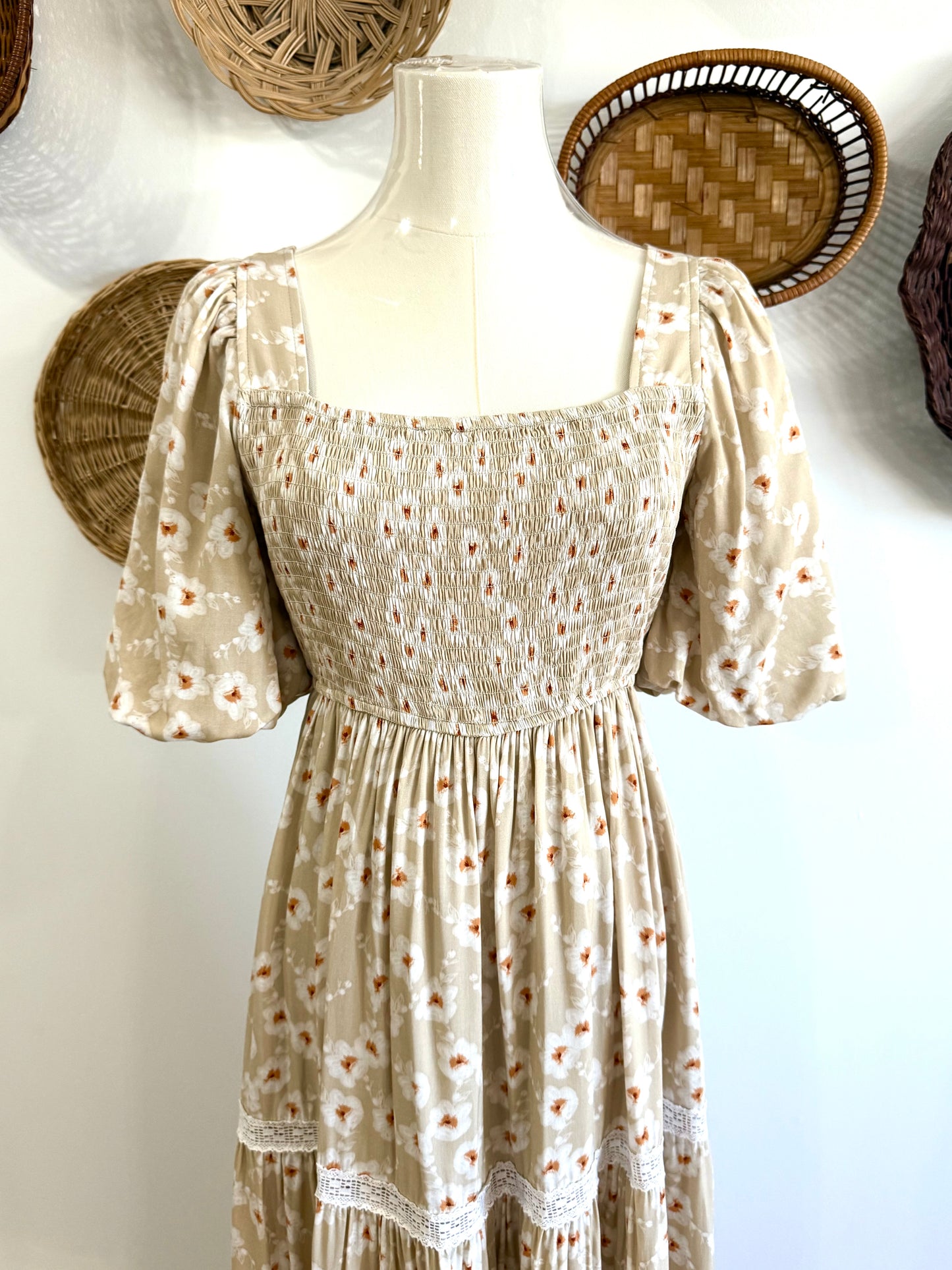 The Ayla Puff Sleeve Floral Maxi Dress in Tan
