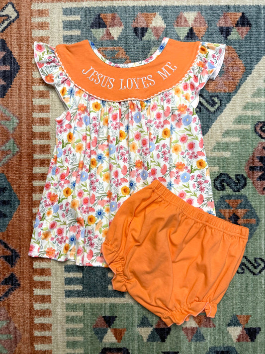 “Jesus Loves Me” Embroidered Floral Bloomer Set