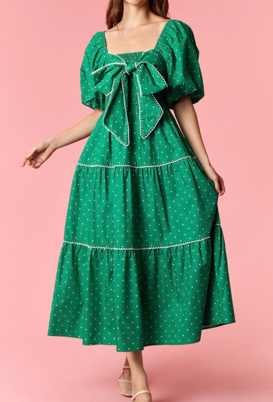 The Everlynn Bow Detail Polka Dot Maxi Dress in Kelly Green