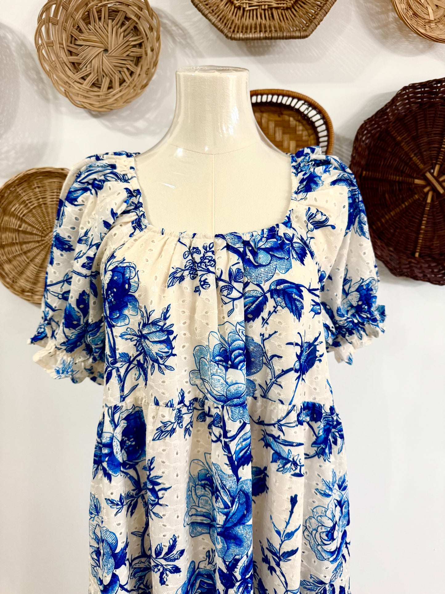 The Piers Eyelet Floral Maxi Dress in Blue & White