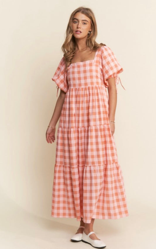 The Ezra Tiered Maxi Dress in Peach Gingham