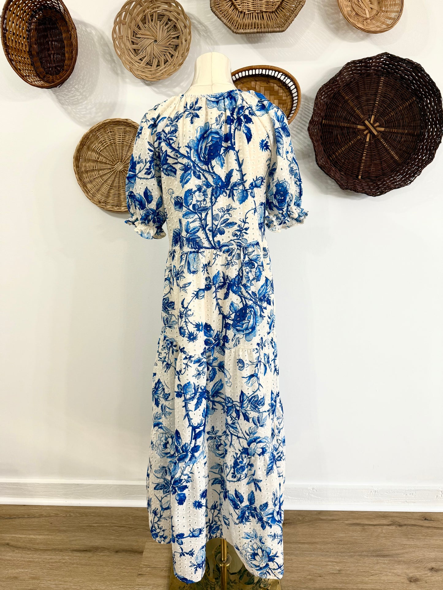 The Piers Eyelet Floral Maxi Dress in Blue & White