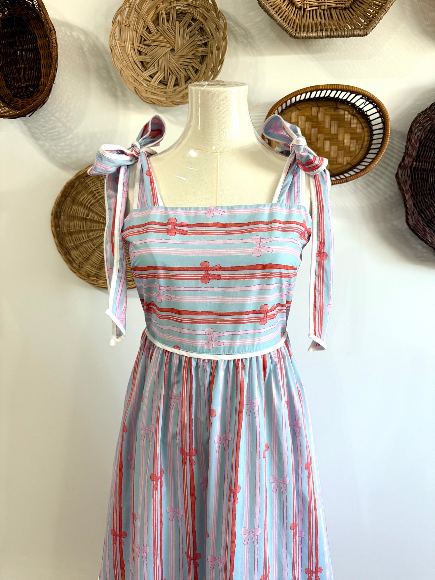 The June Bow Print Tie Shoulder Midi Dress in Blue & Pink