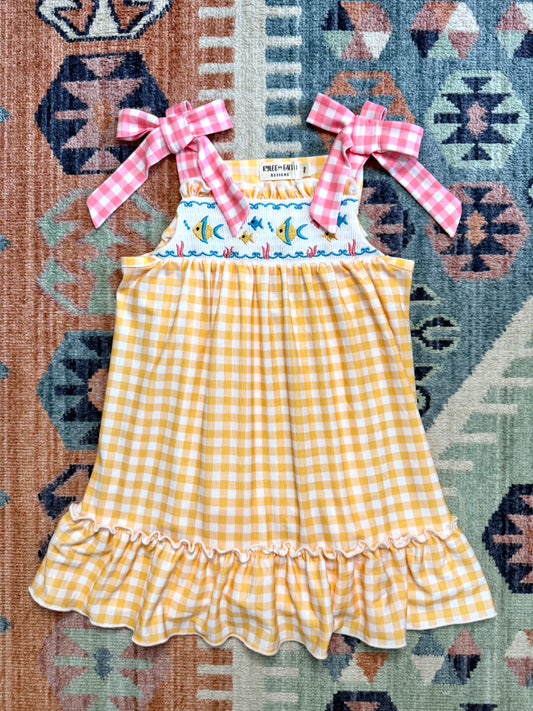 Smocked Fish Yellow Gingham Dress