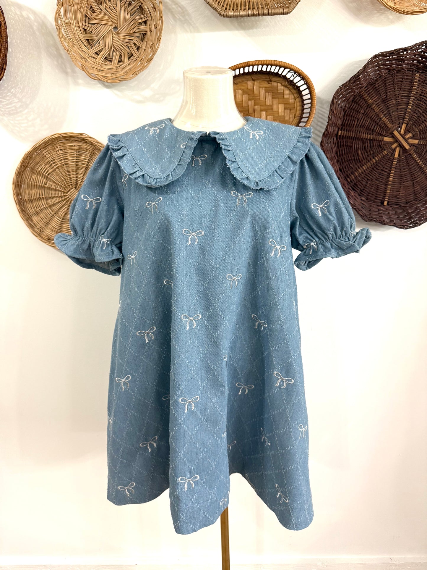 The Kai Bow Embroidered Collared Dress in Denim
