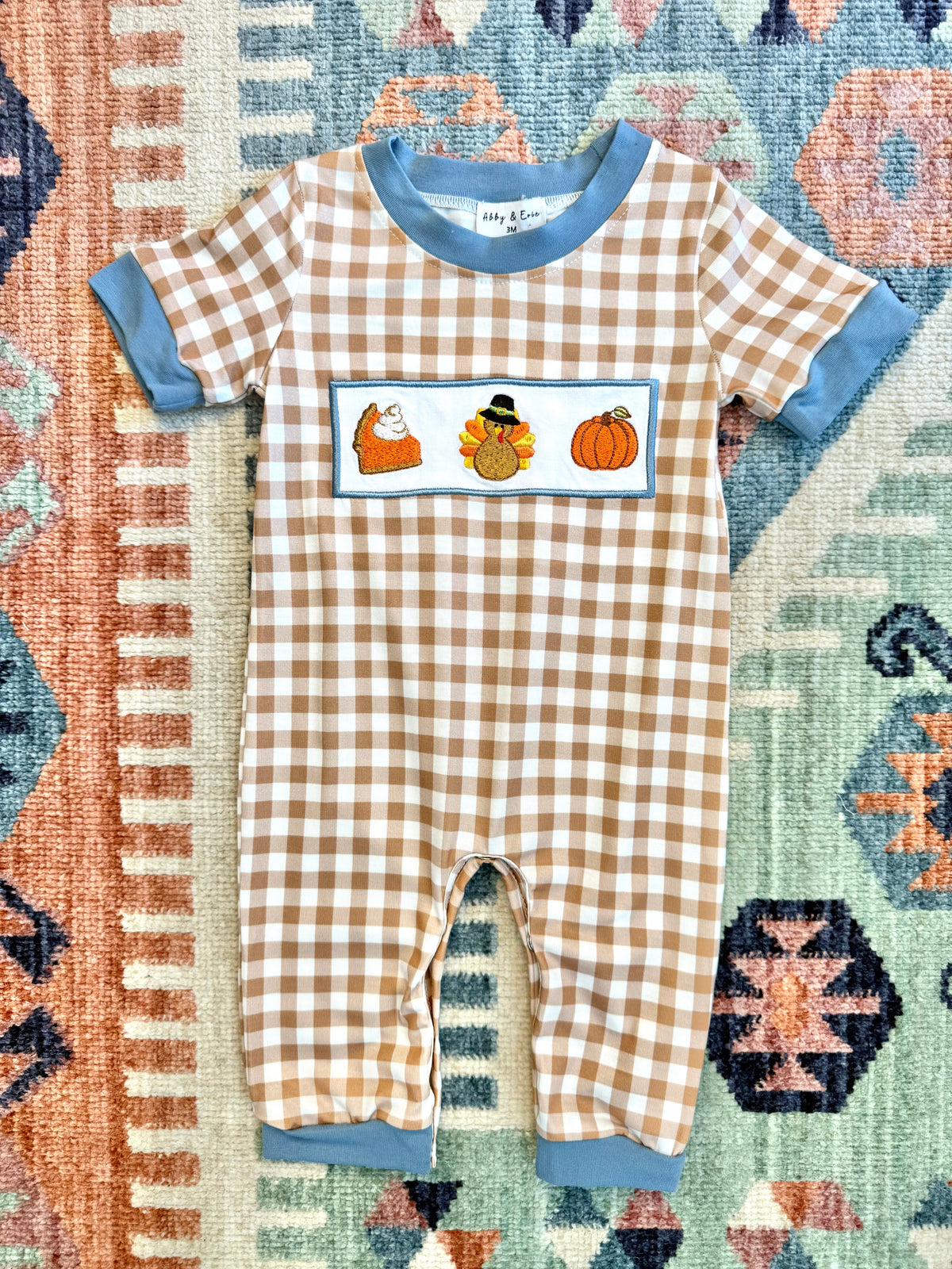 Boy’s Turkey & Pumpkin Embroidered Romper in Gingham