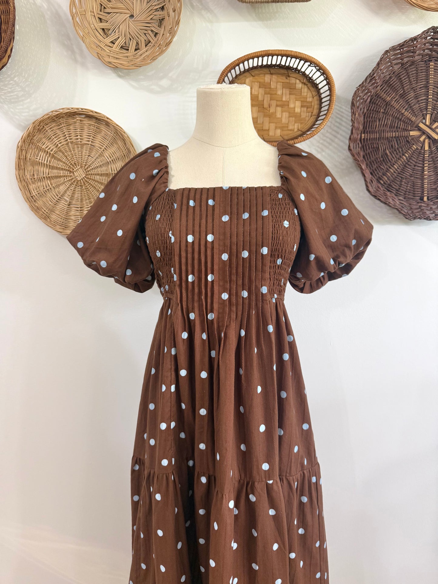 The August Puff Sleeve Blue Polka Dot Midi Dress in Brown