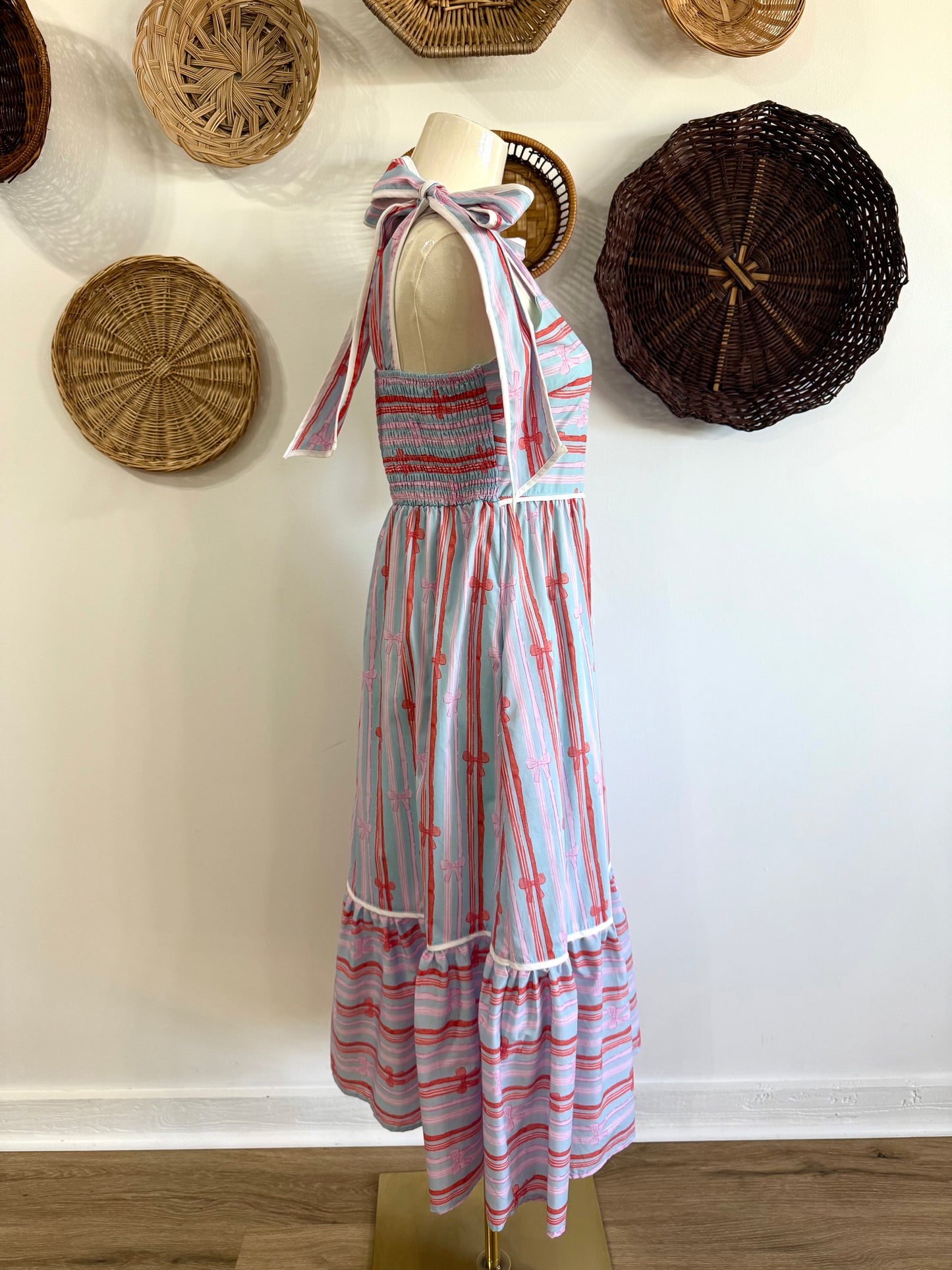 The June Bow Print Tie Shoulder Midi Dress in Blue & Pink
