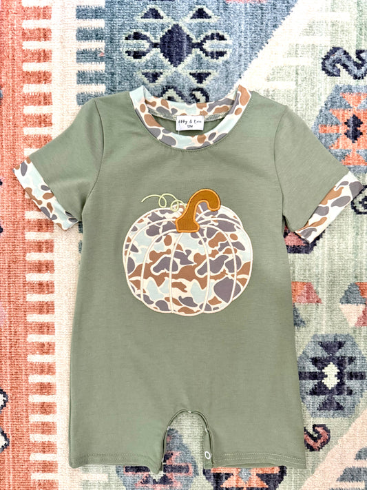 Boy’s Camo Print Pumpkin Romper in Olive