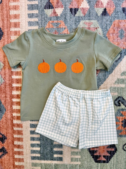 Boy’s Sage Pumpkin Embroidered Gingham Shorts Set