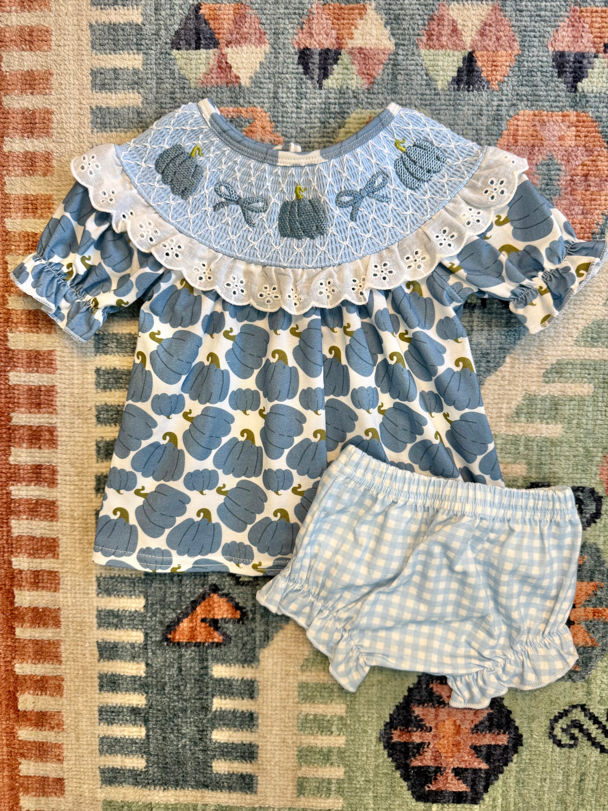 Blue Pumpkin & Bow Smocked Bloomer Set