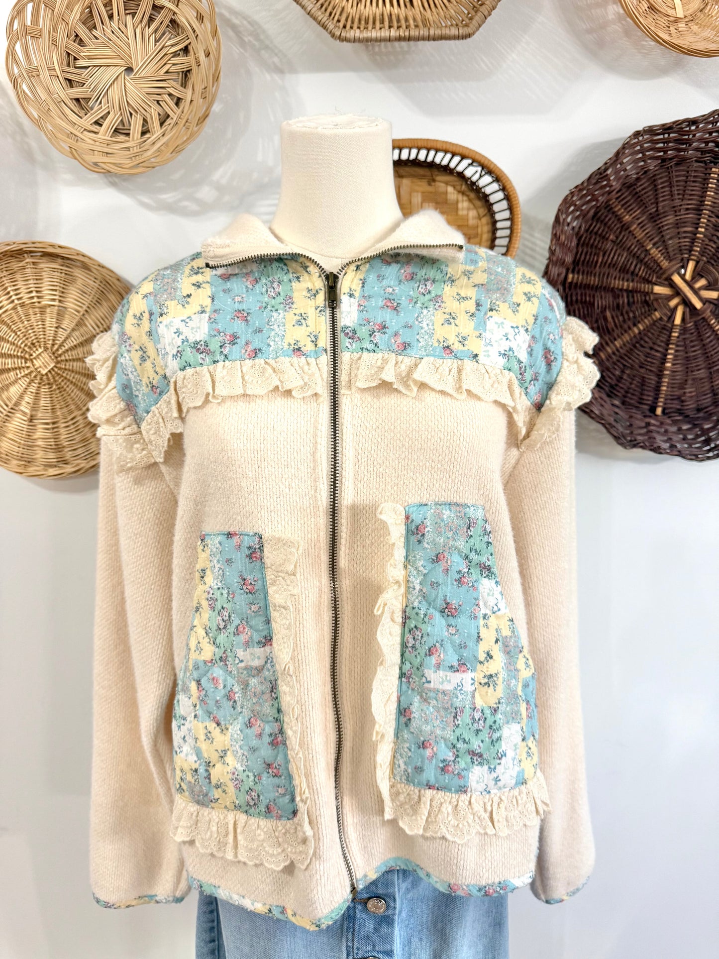 The Frannie Quilt Print Sherpa Jacket w/ Ruffle Detail