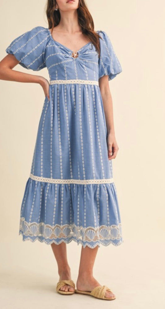 The Ariel Seashell Embroidered Midi Dress in Dusty Blue