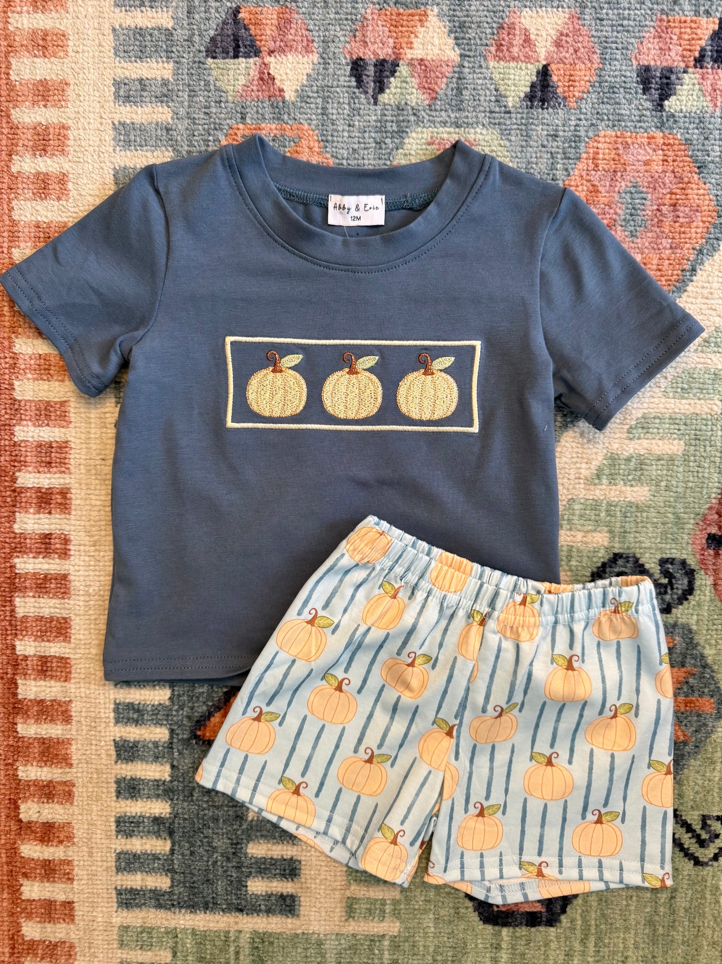 Boy’s Blue & Tan Pumpkin Embroidered Shorts set