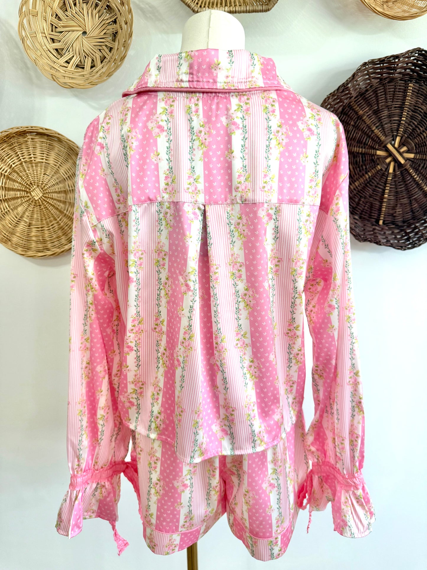 The Maeve Polka Dot & Floral Satin Pajama Set in Pink