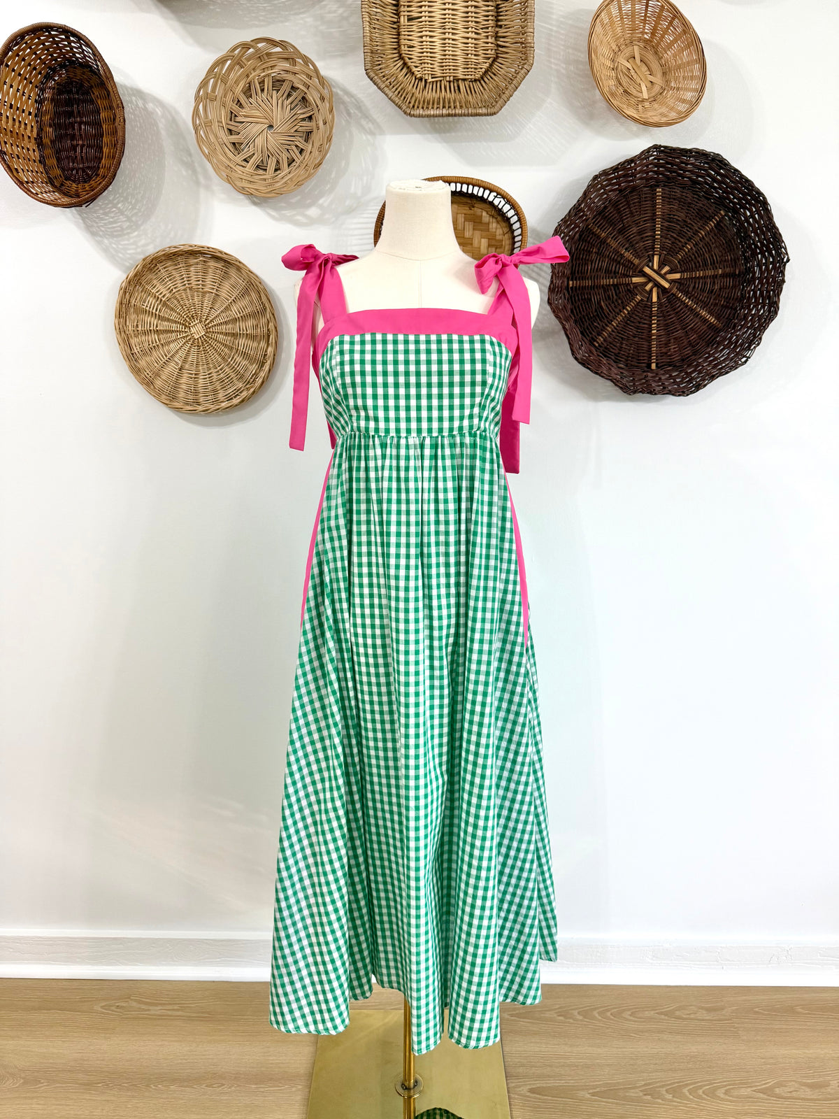 The Hendrix Gingham Midi Dress in Kelly Green & Pink