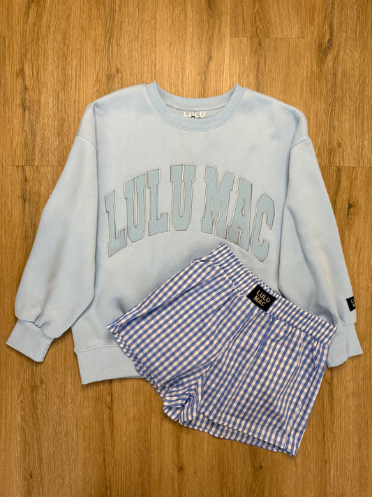 LULU MAC L Set w/ Blue  Sweatshirt & Blue Gingham Shorts