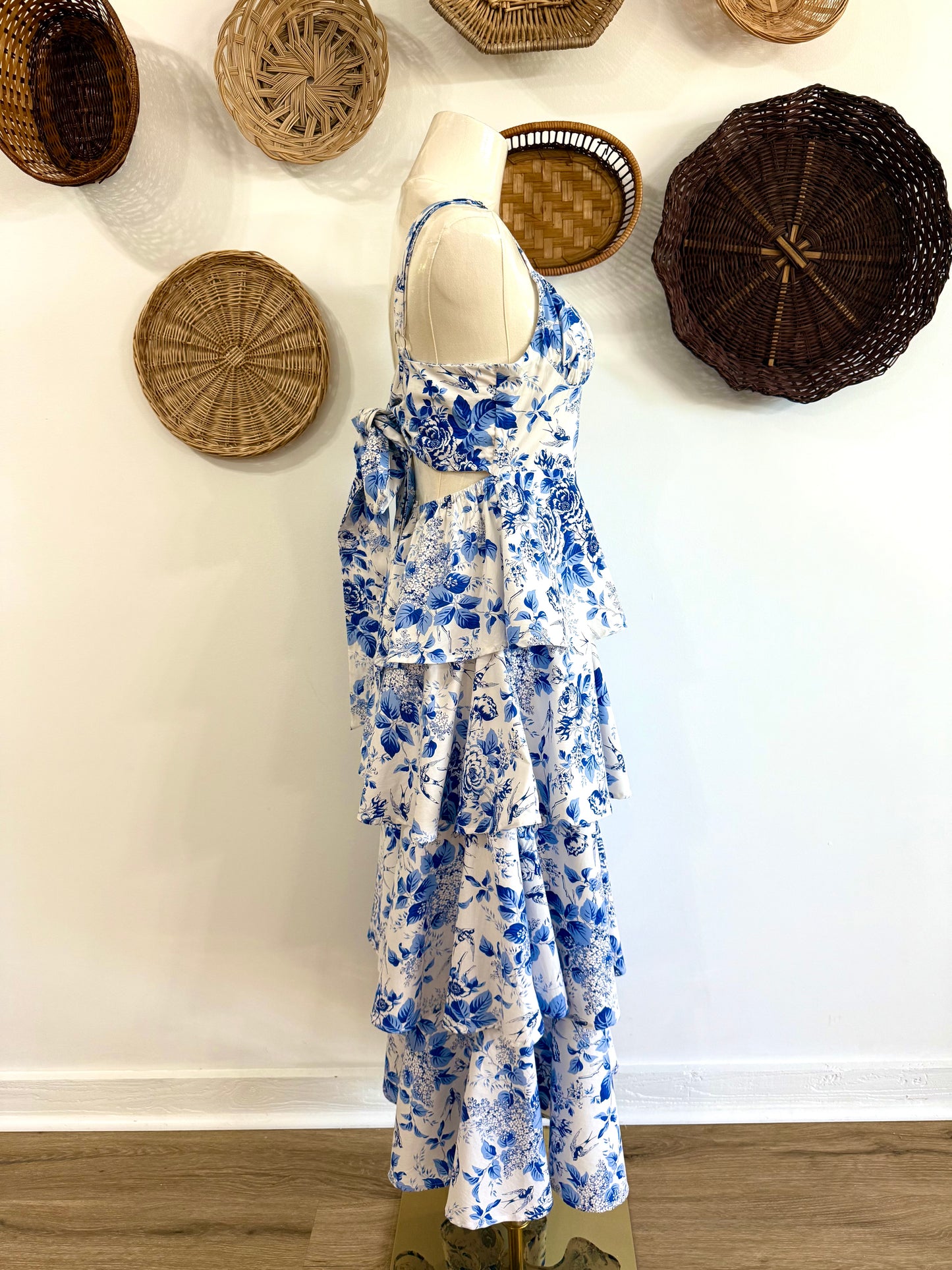 The Nicolette Floral Tiered Ruffle Maxi Dress in Blue & White