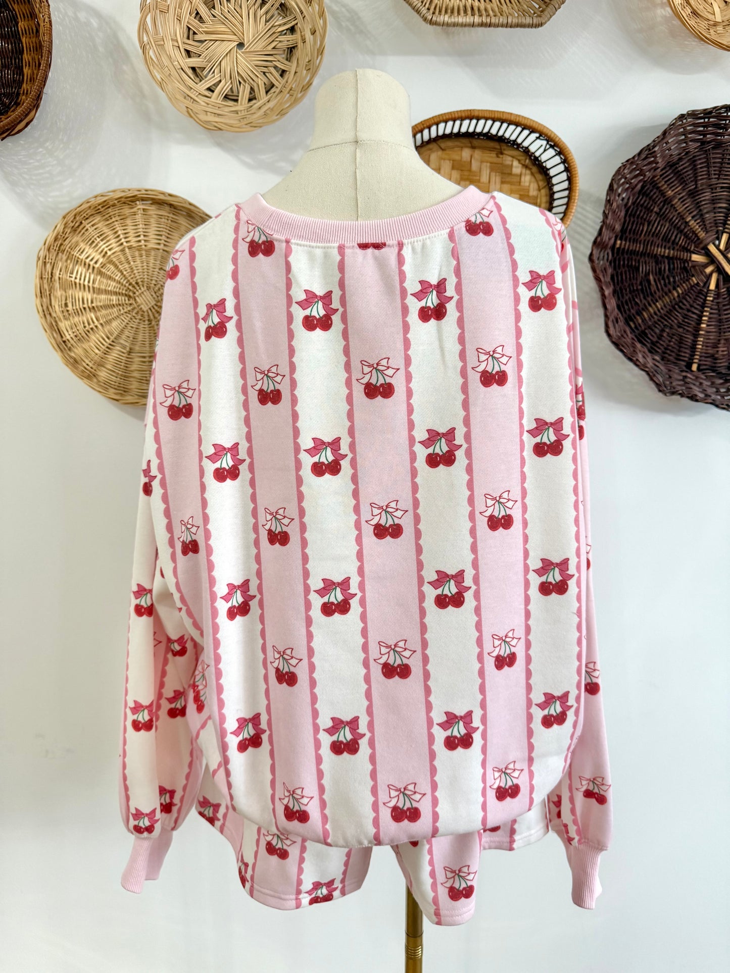 The Kendra Cherry & Bow Striped Set in Pink