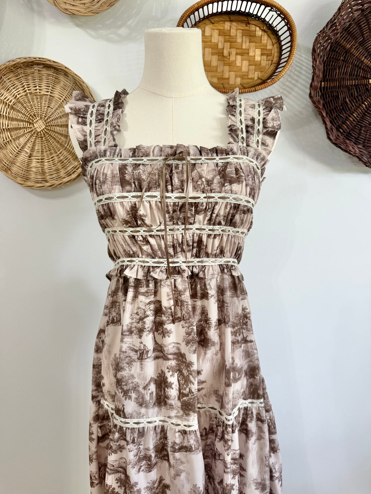 The Ramona Toile Print Smocked Maxi Dress in Brown