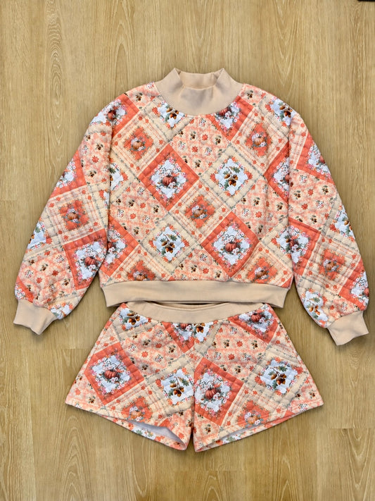 The Cora Fall Pumpkin Patchwork Print Quilted Set in Mustard