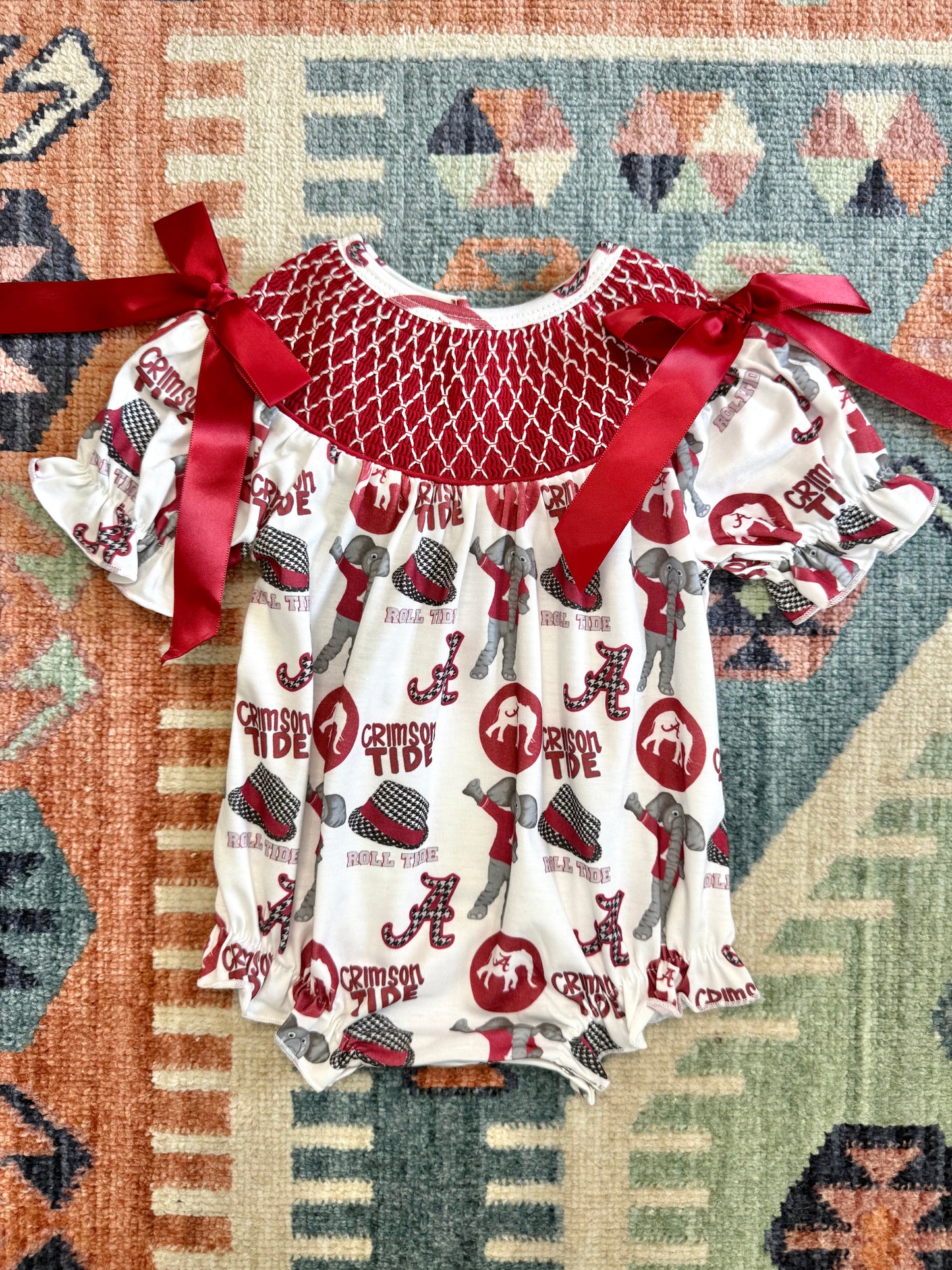 Alabama Print Smocked Bubble w/Bow Detail