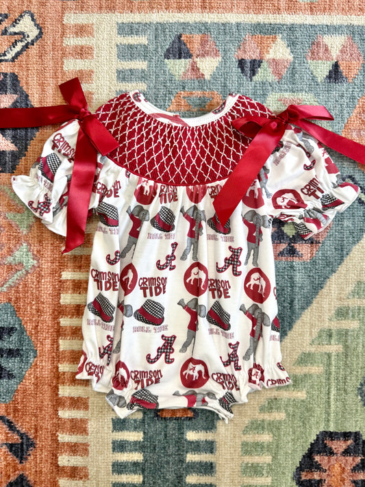 Alabama Print Smocked Bubble w/Bow Detail