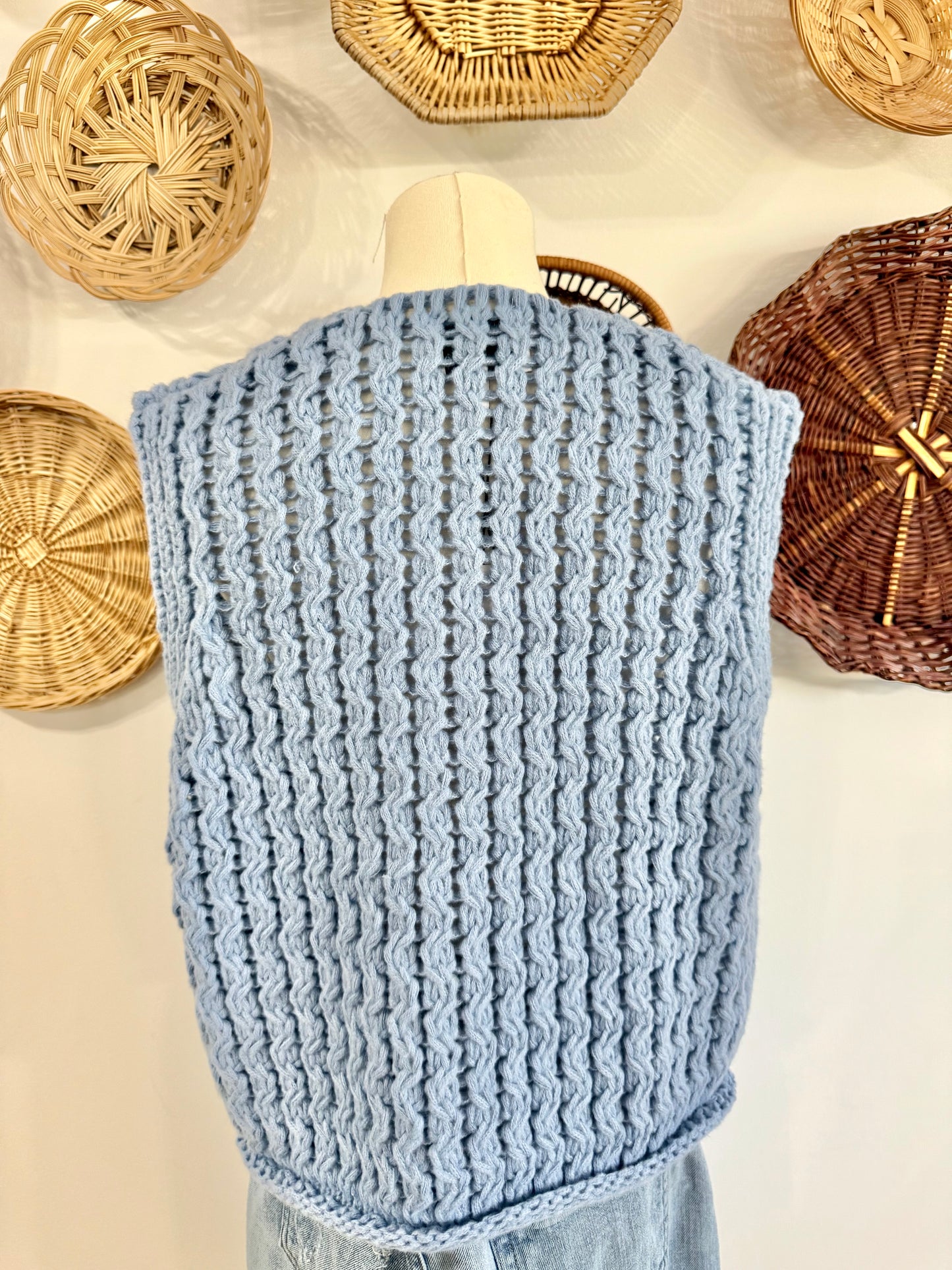 The Mabel Button Up Sweater Vest Top In Dusty Blue