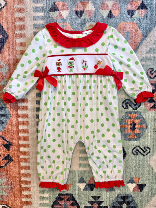 Polka Dot Grinch Embroidered Romper