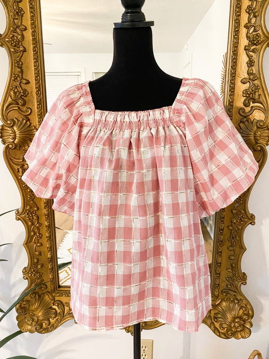 The Luxe Plaid Puff Sleeve Top in Pink