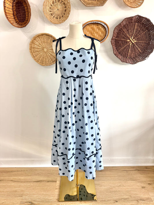The Vera Scallop Detail Polka Dot Midi Dress in Blue