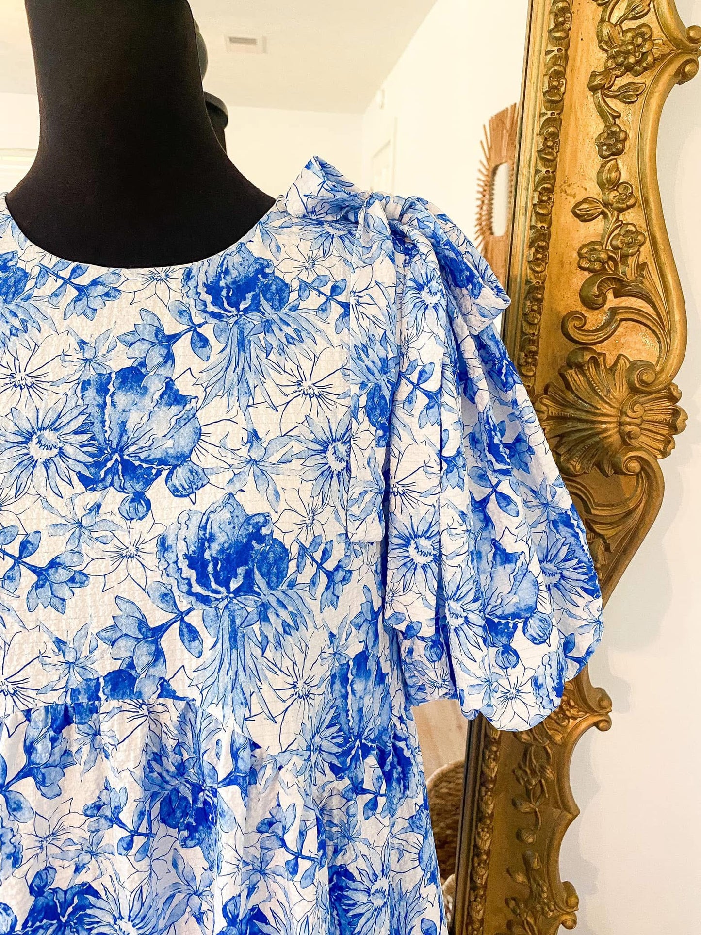The Brixton White & Blue Floral Dress w/ Bow Detail