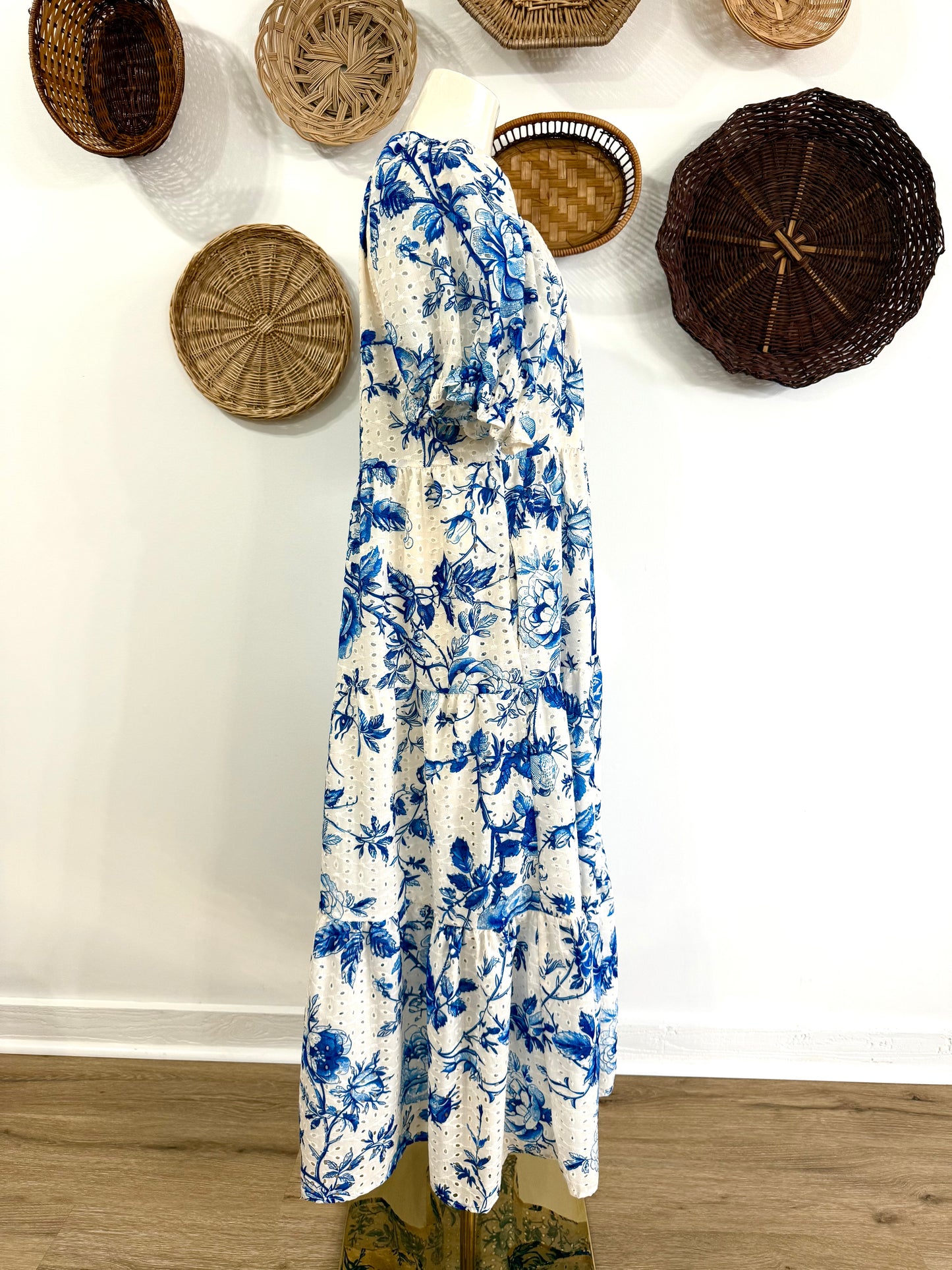 The Piers Eyelet Floral Maxi Dress in Blue & White